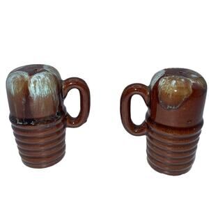Vintage Drip Glaze Salt & Pepper Shaker Set Brown/Green with Handle